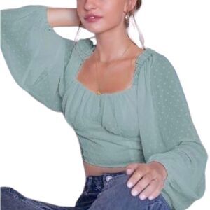 MRuched SheIn Mint Green Swiss Dot Crop Top back smocked Size 2